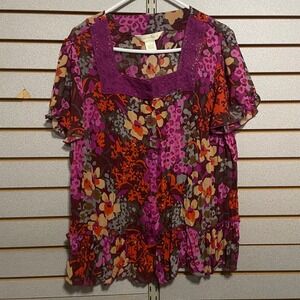 New York City Design Co. Floral Print Square Neck Ruffle Hem Blouse Women's XL